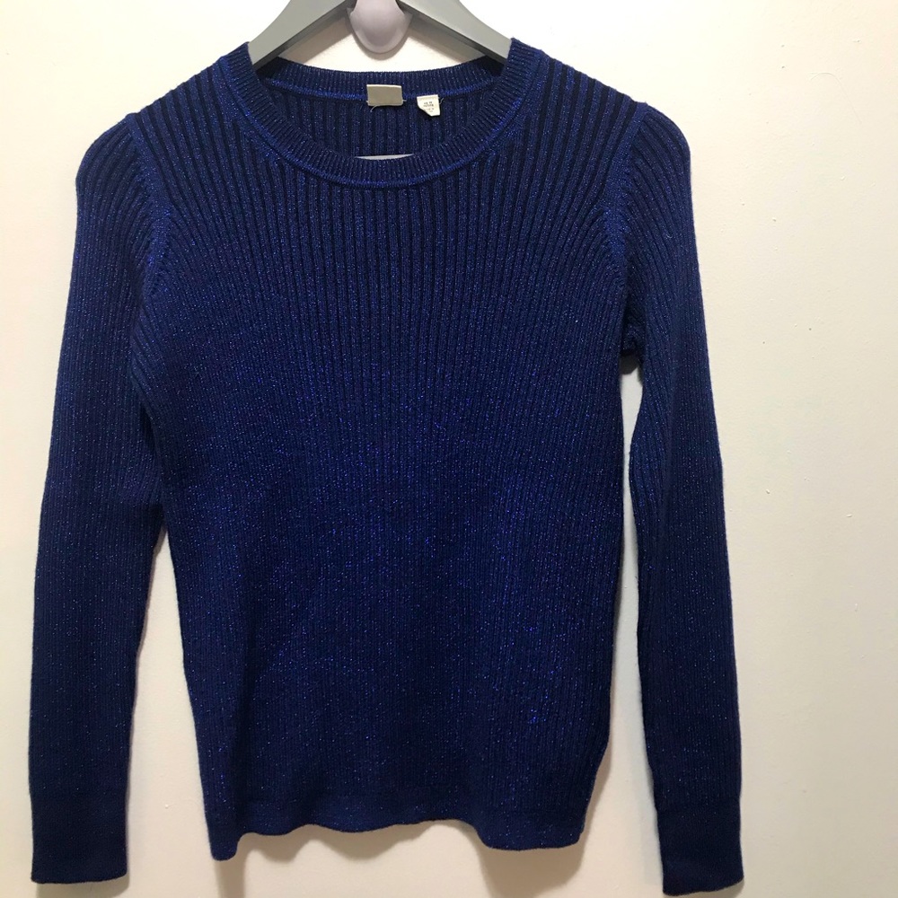 Gap merino wool blend rib metallic navy long sleeve sweater too size XS …